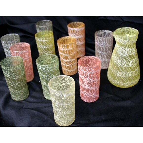 VTG 50s/60s Colorcraft Spaghetti String Carafe Pitcher Glasses Shat-r-Proof Tumb - Picture 4 of 15